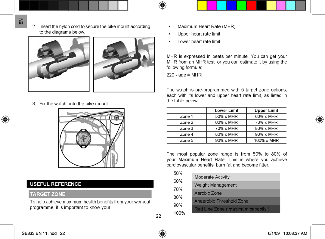 Oregon Scientific SE833 To the diagrams below, Following formula Age = MHR, Fix the watch onto the bike mount Table below 