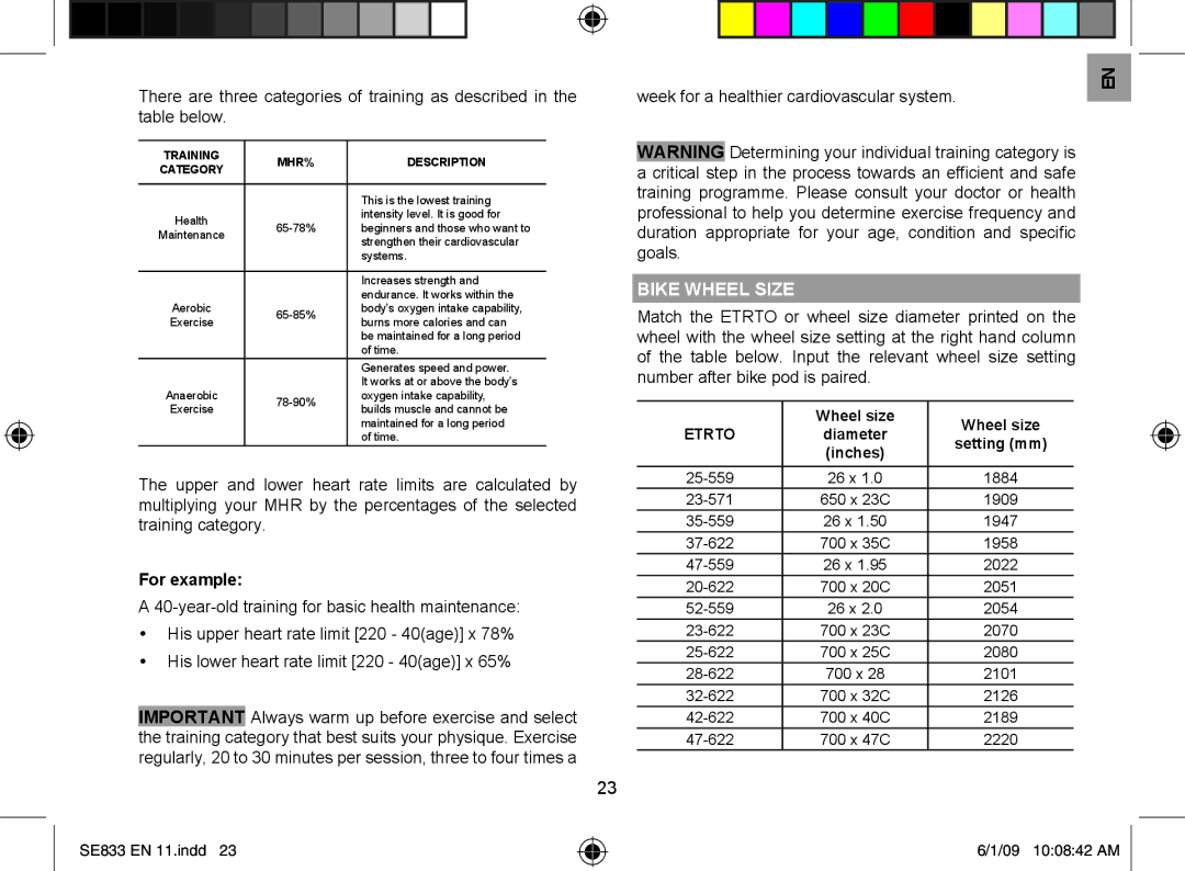 Oregon Scientific SE833 user manual For example, Week for a healthier cardiovascular system, Bike Wheel Size 