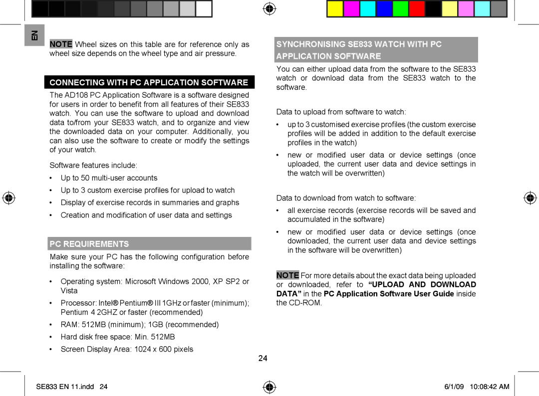 Oregon Scientific SE833 Wheel size depends on the wheel type and air pressure, Connecting with PC Application Software 