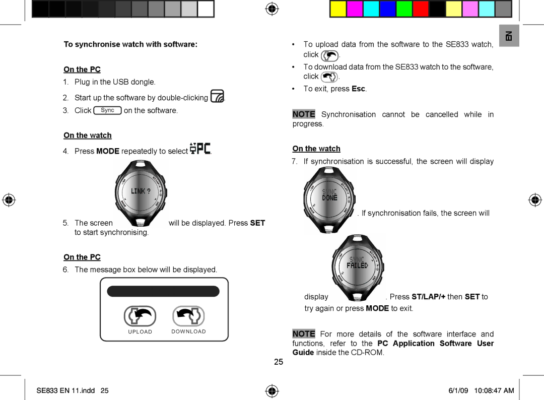 Oregon Scientific SE833 user manual To synchronise watch with software On the PC, On the watch 