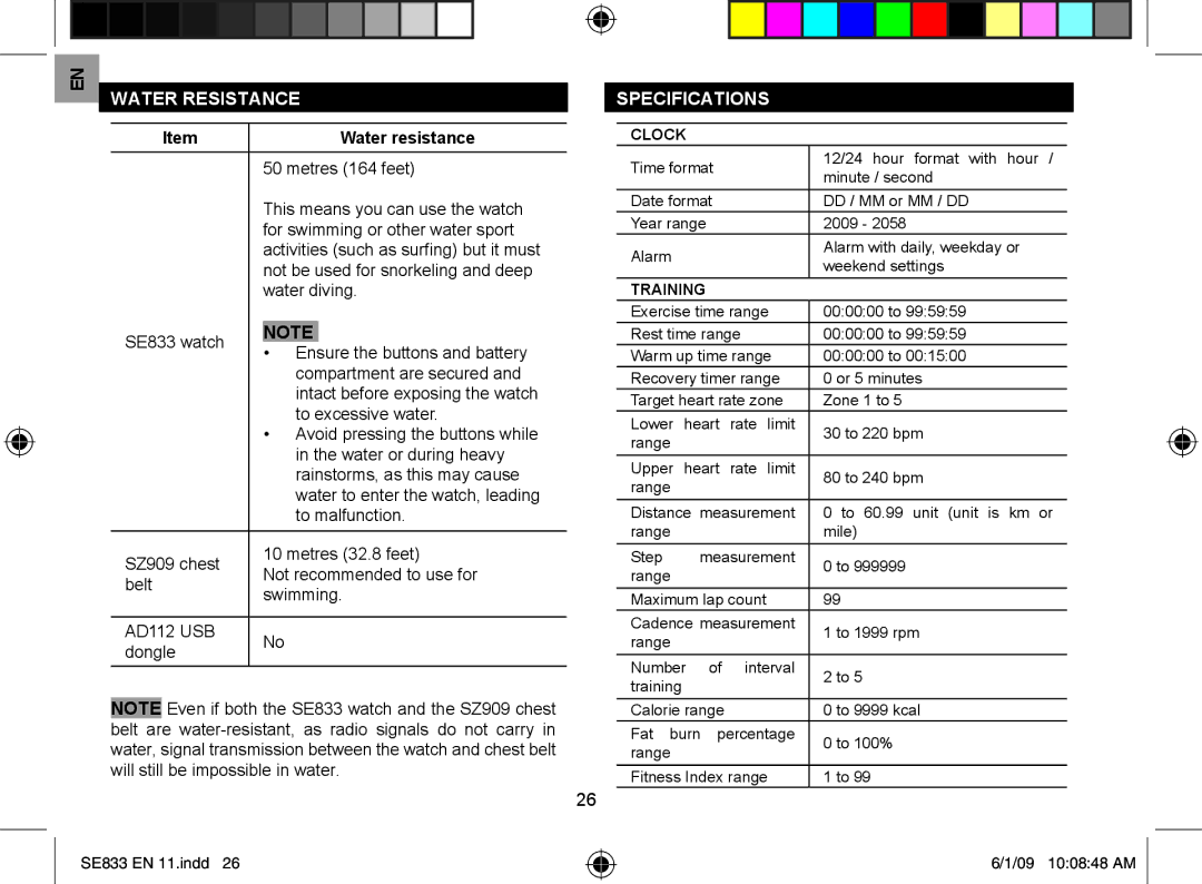 Oregon Scientific SE833 user manual Water Resistance, Water resistance, Specifications 