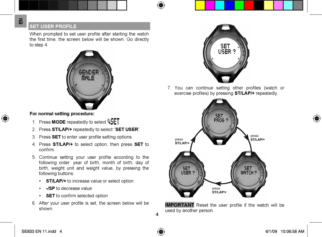 Oregon Scientific SE833 user manual SET User Profile, To step, For normal setting procedure 