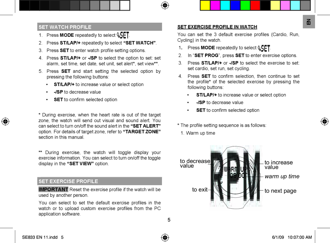 Oregon Scientific SE833 user manual SET Watch Profile, SET Exercise Profile 