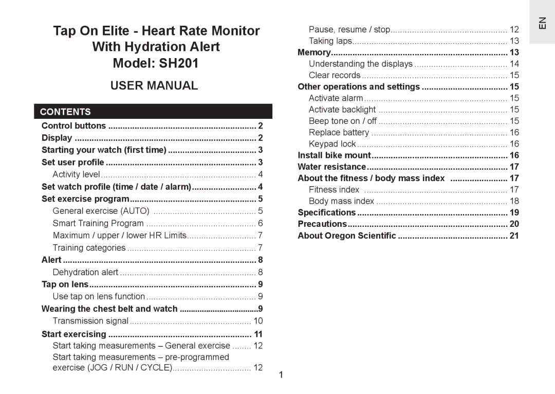 Oregon Scientific SH201 user manual Contents 