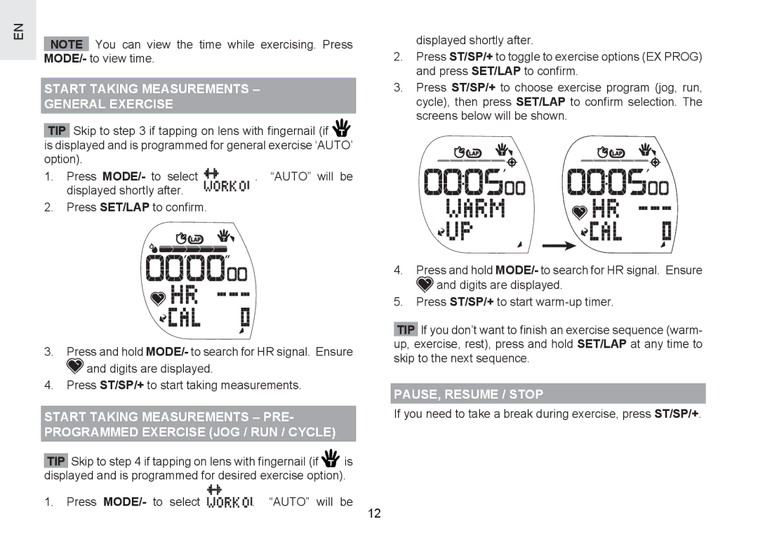 Oregon Scientific SH201 user manual Start Taking Measurements General Exercise, PAUSE, Resume / Stop 