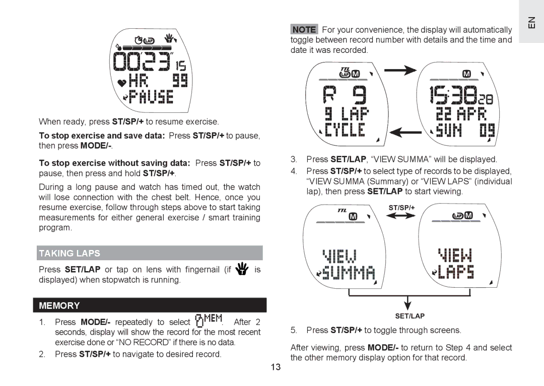 Oregon Scientific SH201 user manual When ready, press ST/SP/+ to resume exercise, Taking Laps, Memory 