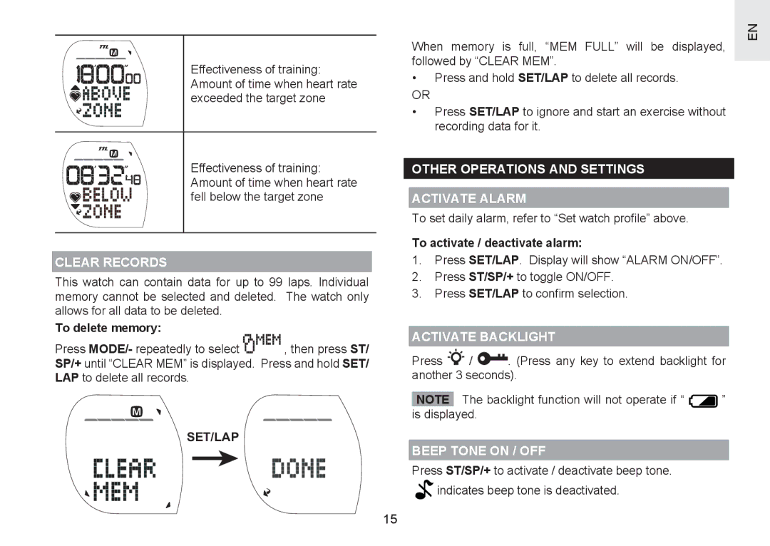 Oregon Scientific SH201 Clear Records, Set/Lap, Other Operations and Settings Activate Alarm, Activate Backlight 