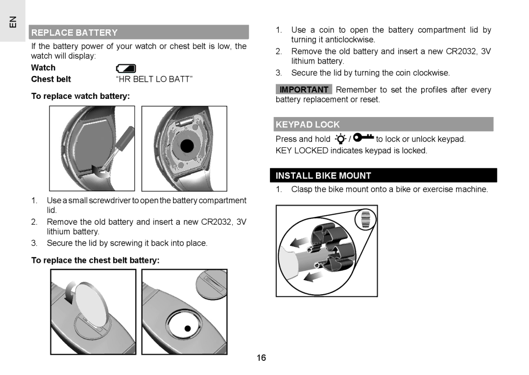 Oregon Scientific SH201 user manual Replace Battery, Keypad Lock, Install Bike Mount 