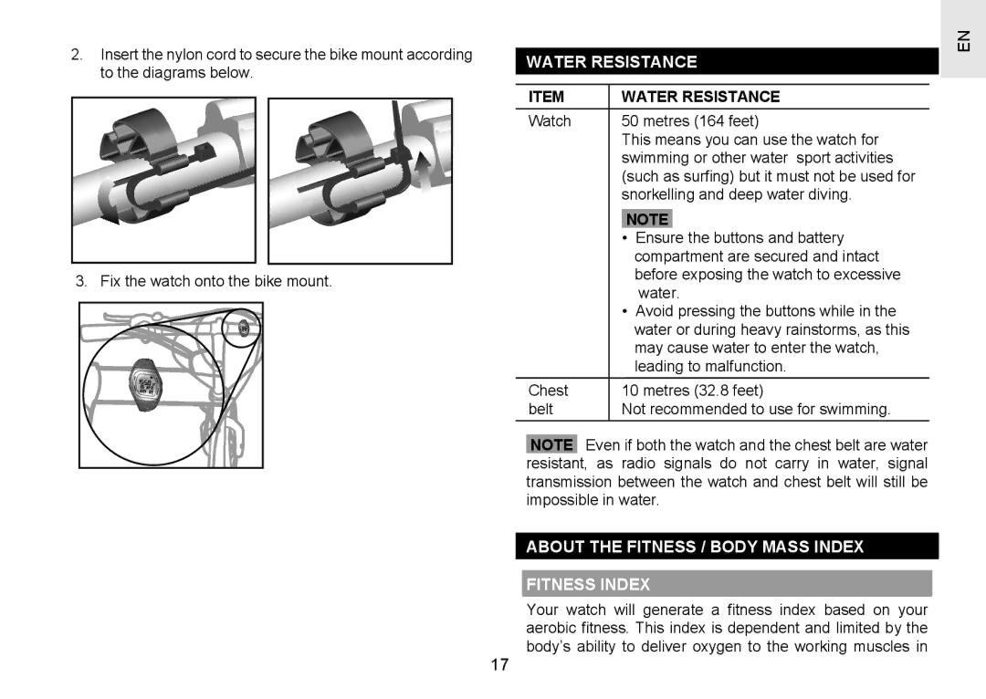 Oregon Scientific SH201 user manual Water Resistance, Snorkelling and deep water diving 