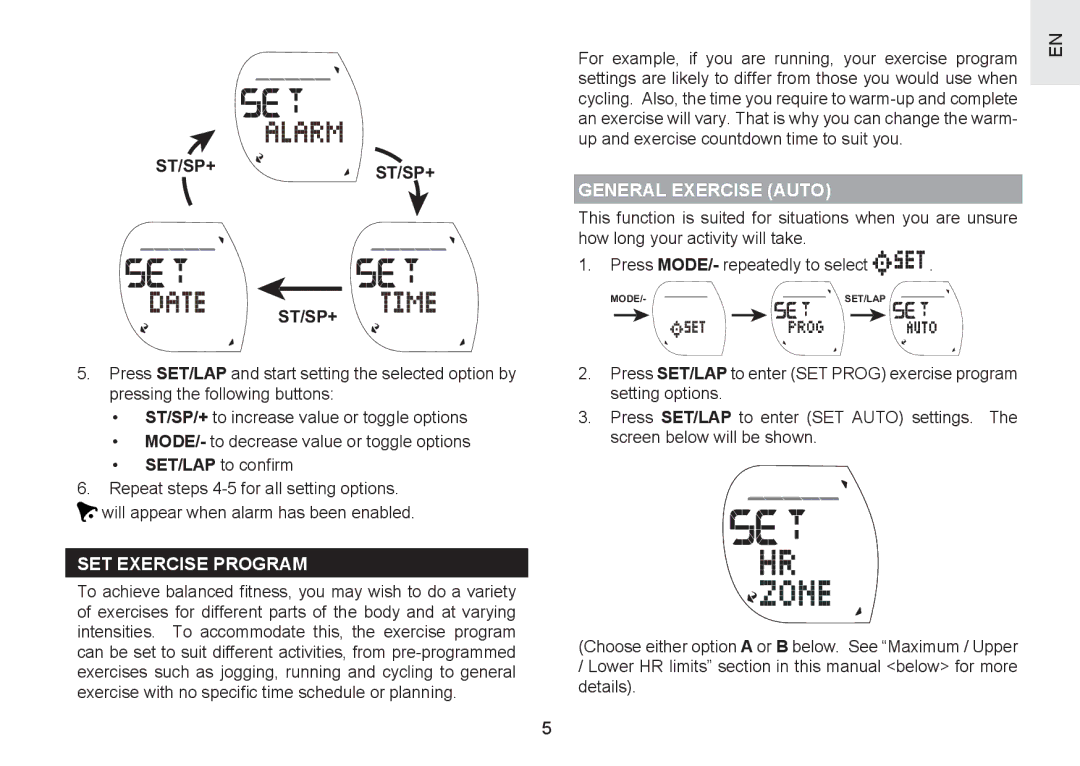 Oregon Scientific SH201 user manual St/Sp+St/Sp+, SET Exercise Program, General Exercise Auto 