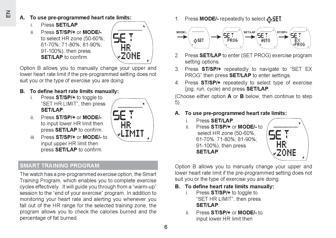 Oregon Scientific SH201 user manual To use pre-programmed heart rate limits, To deﬁne heart rate limits manually 