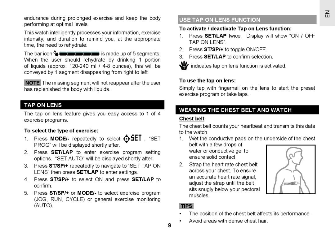 Oregon Scientific SH201 user manual USE TAP on Lens Function, Wearing the Chest Belt and Watch, Tips 