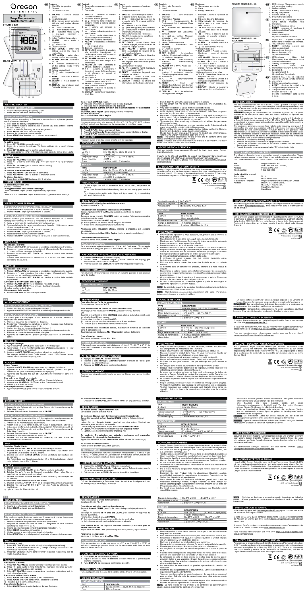 Oregon Scientific SL101 specifications Getting Started Main Unit Installation, Sensor Installation, Clock, Alarm, Orologio 