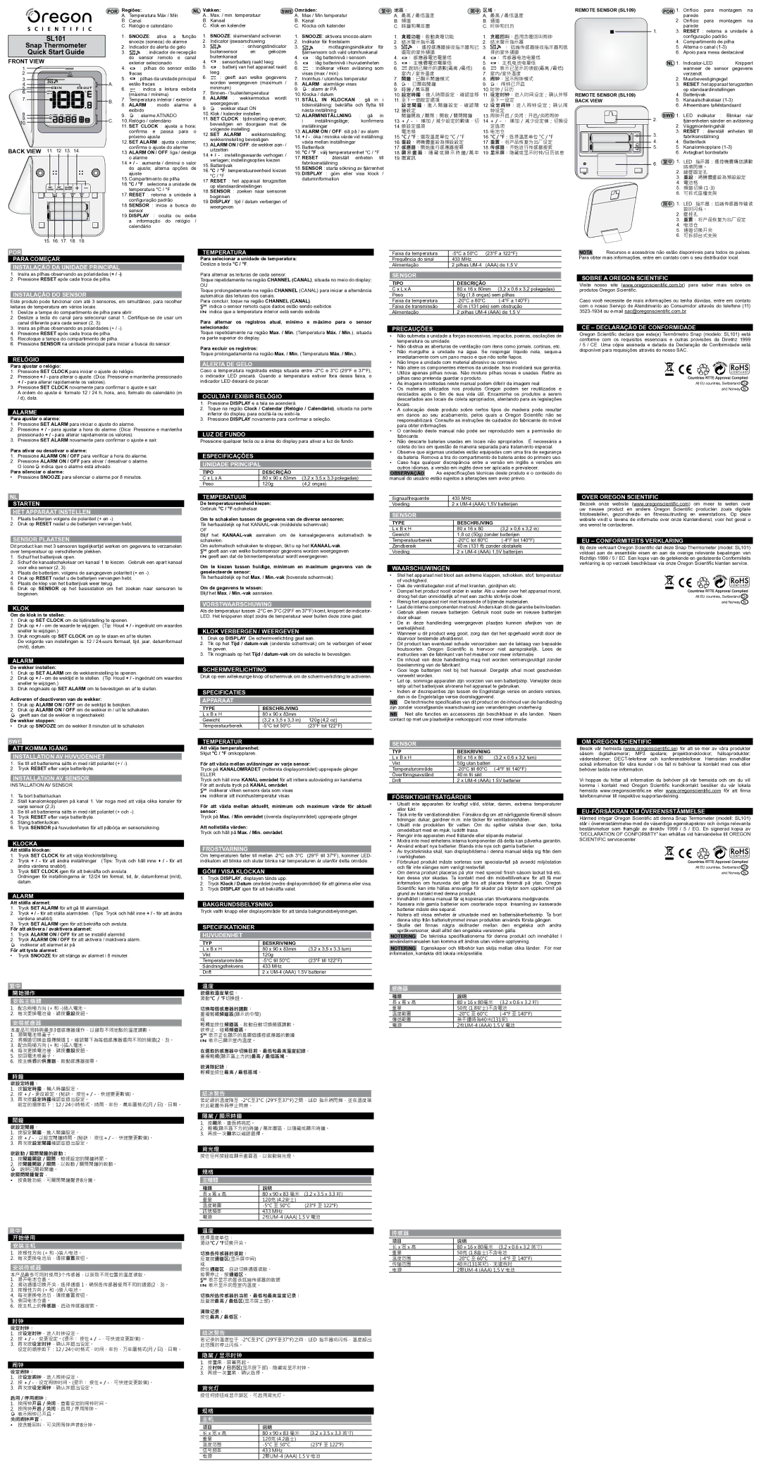 Oregon Scientific SL101 POR Para Começar Instalação DA Unidade Principal, Instalação do Sensor, Relógio, Alerta DE Gelo 