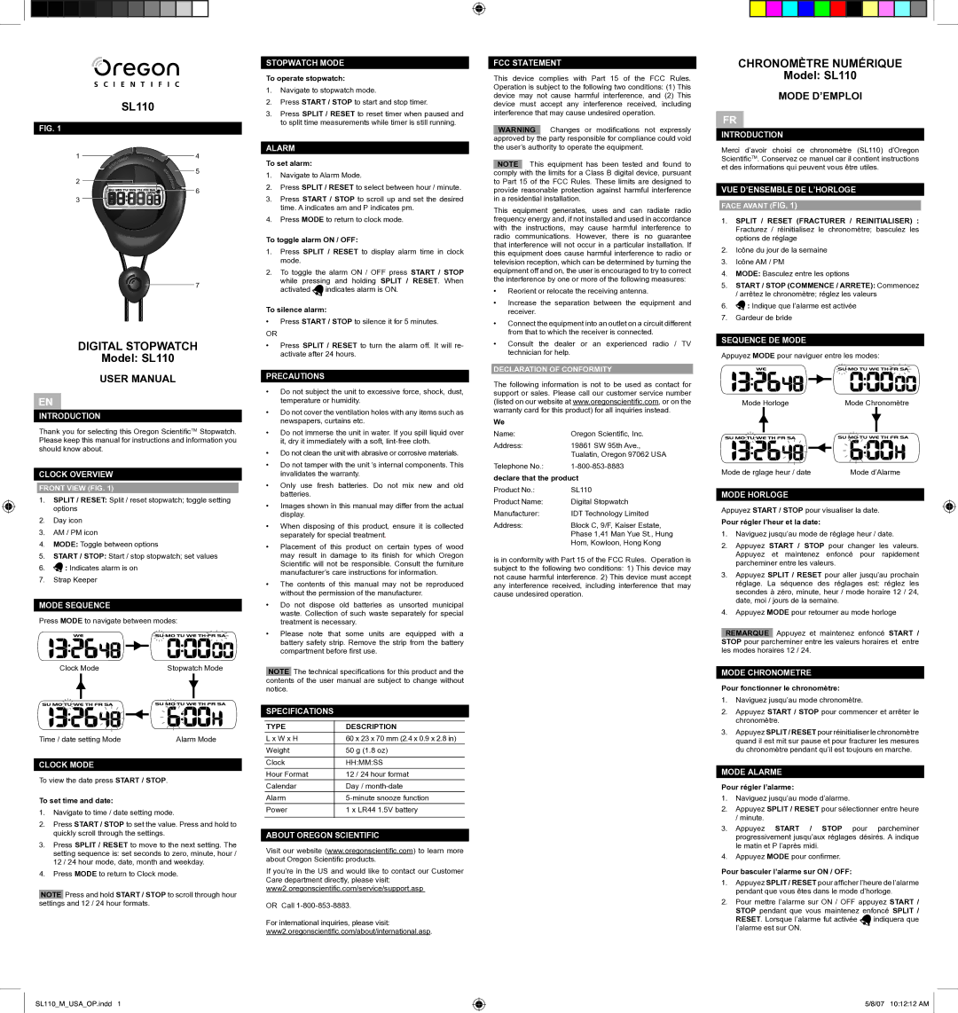 Oregon Scientific SL110 user manual Introduction, Clock Overview Front View FIG, Mode Sequence, Clock Mode, Stopwatch Mode 