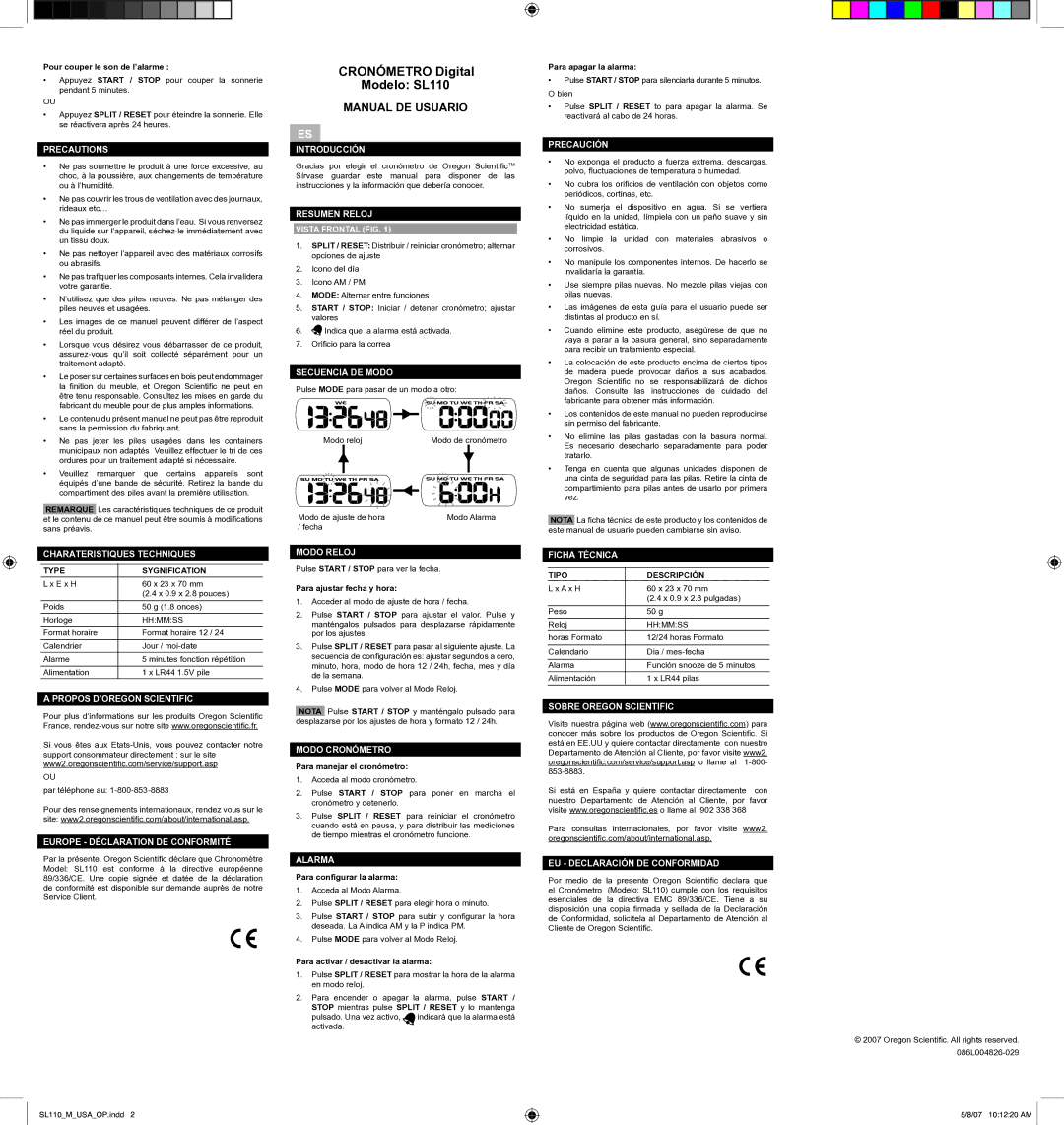 Oregon Scientific SL110 Charateristiques Techniques, Propos D’OREGON Scientific, Europe Déclaration DE Conformité, Alarma 