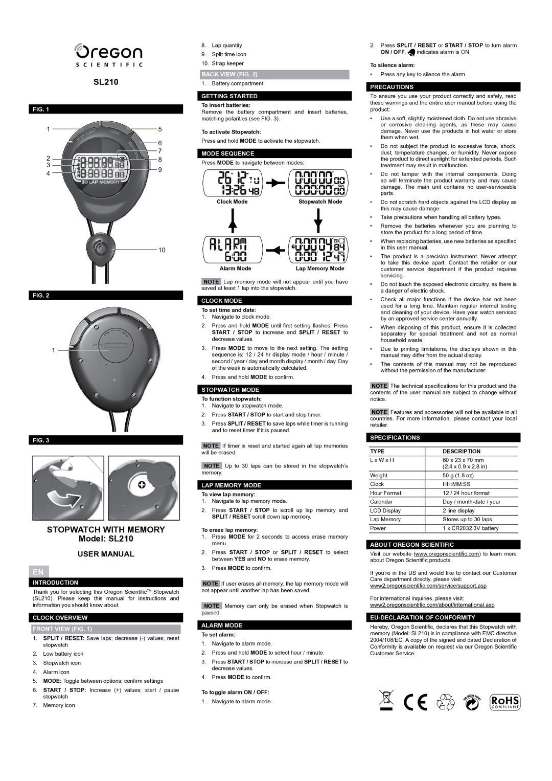 Oregon Scientific user manual Stopwatch with Memory, Model SL210 