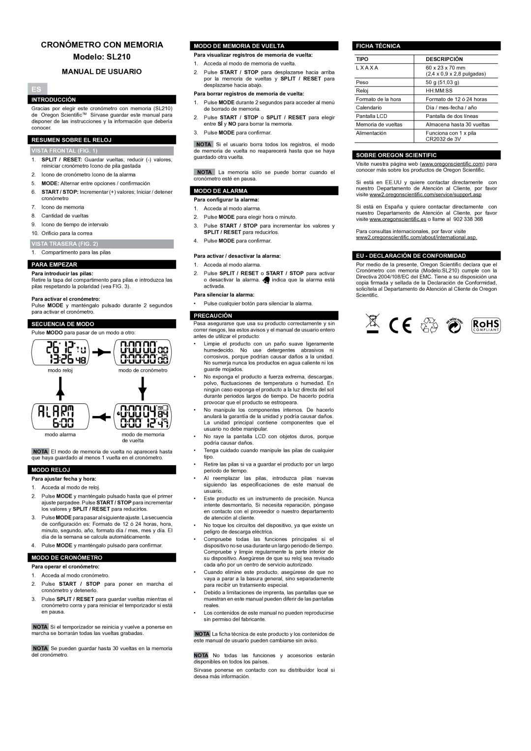 Oregon Scientific user manual Cronómetro CON Memoria, Modelo SL210, Manual DE Usuario 