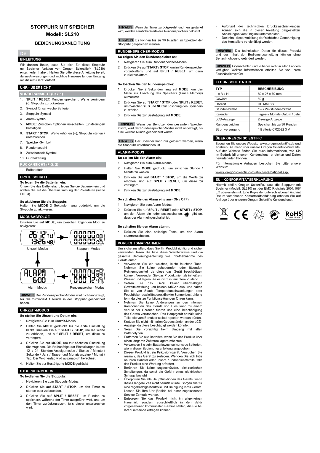 Oregon Scientific user manual Stoppuhr MIT Speicher, Modell SL210, Bedienungsanleitung 