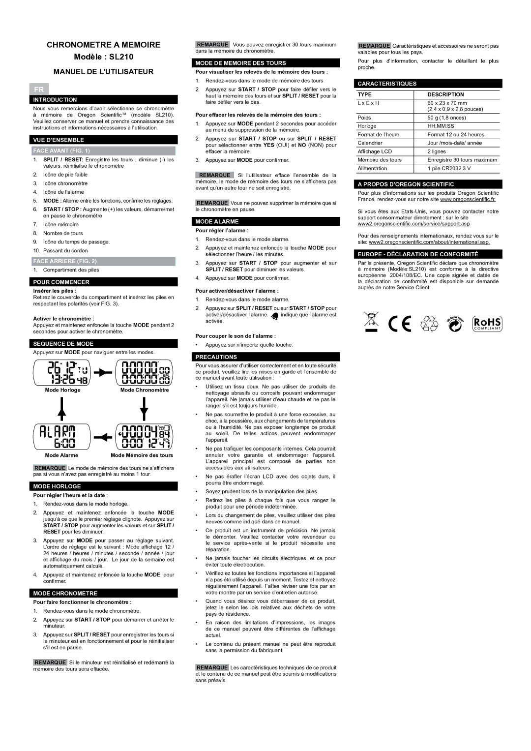 Oregon Scientific user manual Chronometre a Memoire, Modèle SL210, Manuel DE L’UTILISATEUR 