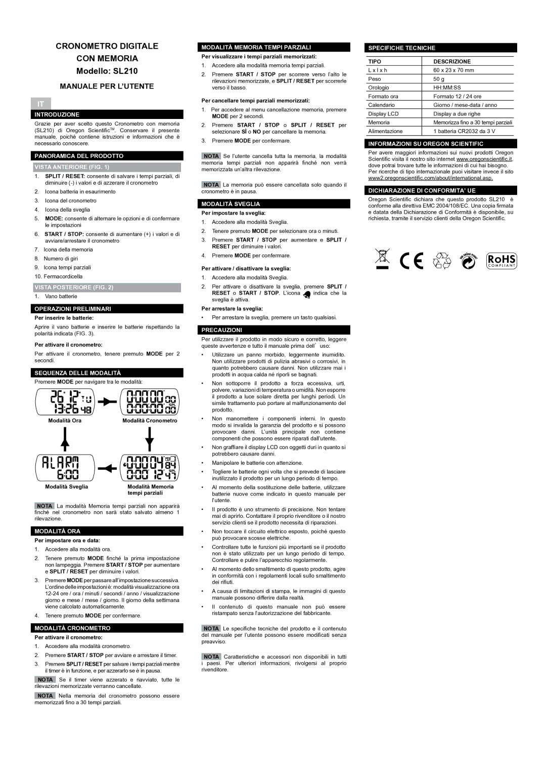 Oregon Scientific user manual Cronometro Digitale CON Memoria, Modello SL210, Manuale PER L’UTENTE 