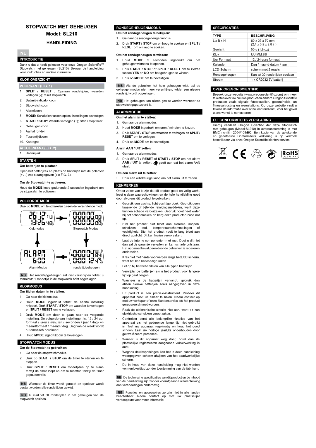 Oregon Scientific SL210 user manual Stopwatch MET Geheugen, Handleiding 