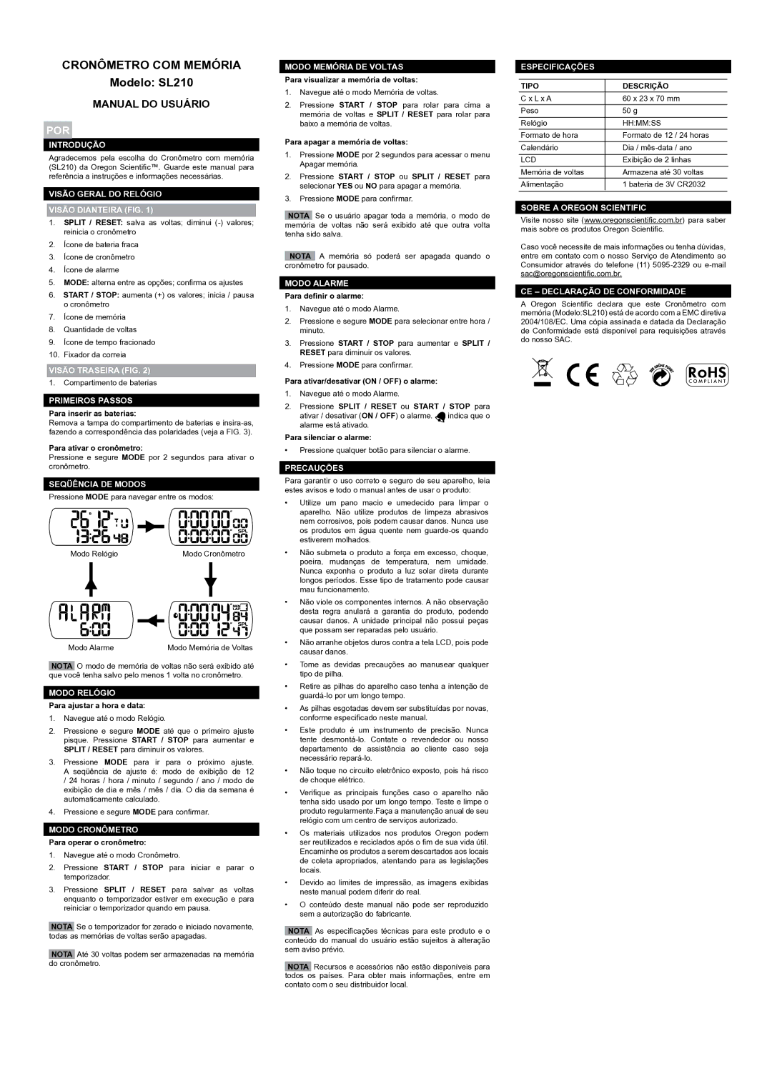 Oregon Scientific SL210 user manual Cronômetro COM Memória, Manual do Usuário, Por 