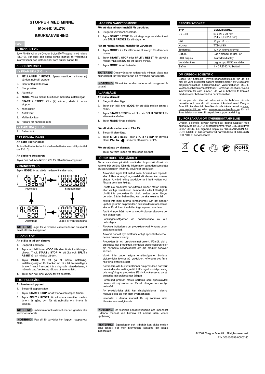 Oregon Scientific SL210 user manual Stoppur MED Minne, Bruksanvisning, Swe 