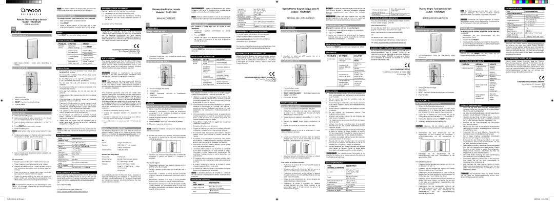 Oregon Scientific thgn132n specifications Remote Thermo-Hygro Sensor Model THGN132N, Manuale Utente, Bedienungsanleitung 