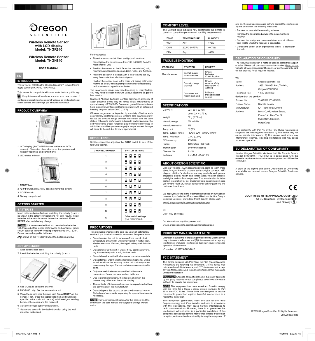 Oregon Scientific THGR810 user manual Precautions, Comfort Level, Troubleshooting, Specifications, About Oregon Scientific 