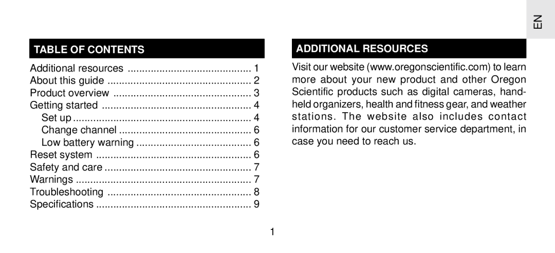 Oregon Scientific THGR 238 NF specifications Table of Contents, Additional Resources 