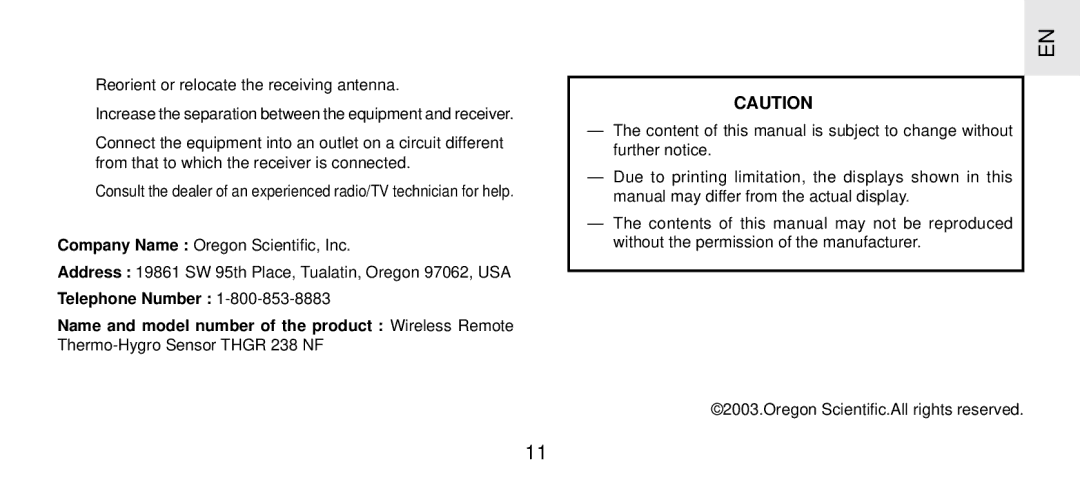 Oregon Scientific THGR 238 NF specifications 