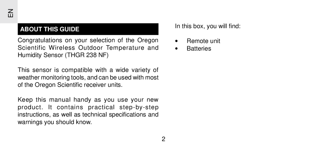 Oregon Scientific THGR 238 NF specifications About this Guide 