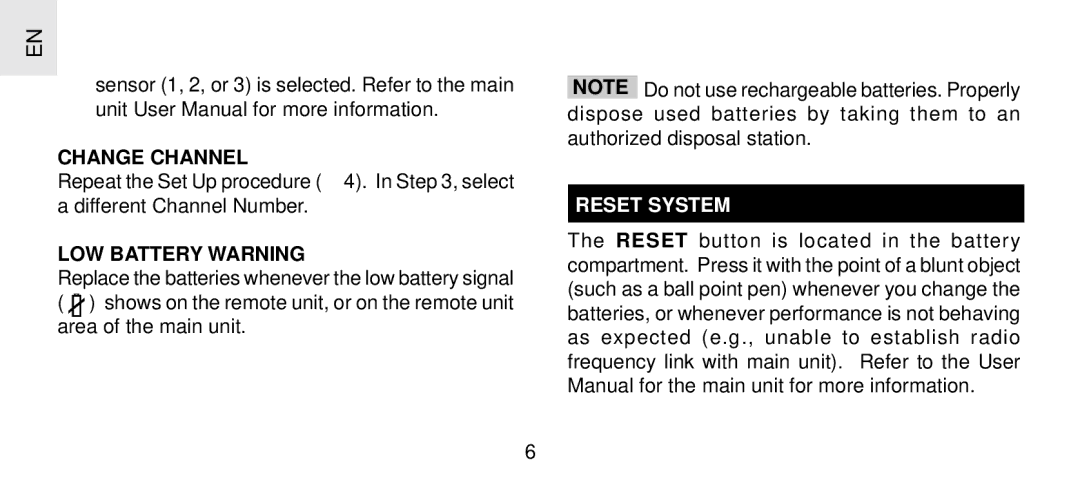 Oregon Scientific THGR 238 NF specifications Change Channel, LOW Battery Warning, Reset System 