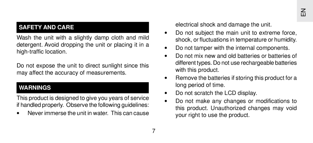 Oregon Scientific THGR 238 NF specifications Safety and Care 