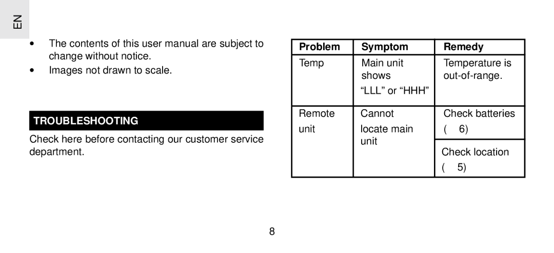 Oregon Scientific THGR 238 NF specifications Troubleshooting, Problem Symptom Remedy 