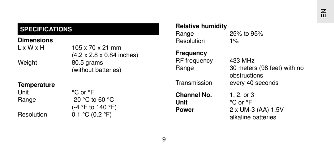 Oregon Scientific THGR 238 NF specifications Specifications, Temperature 