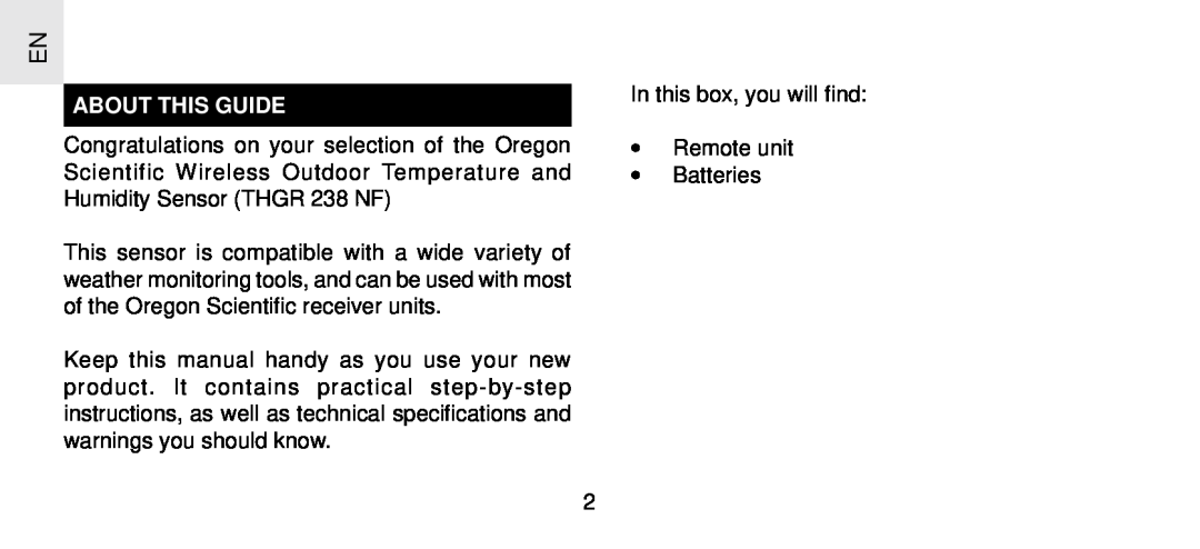 Oregon Scientific THGR 238 NF specifications About This Guide 