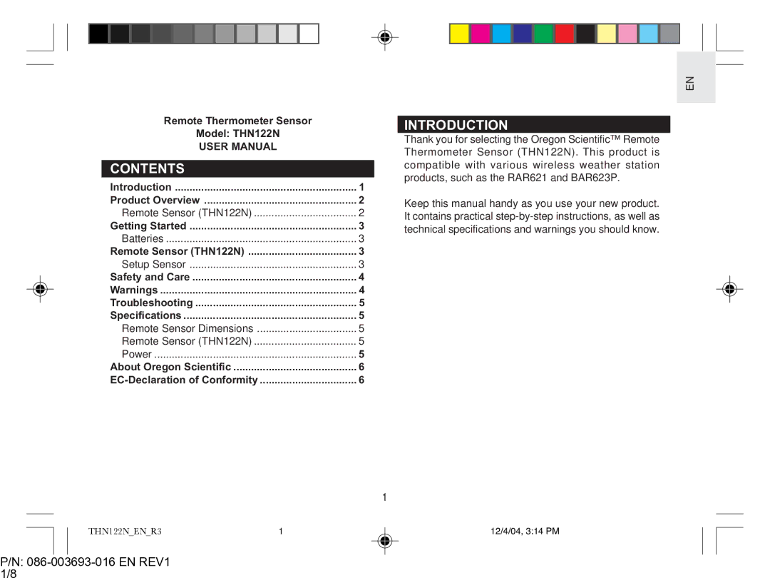 Oregon Scientific THN122N user manual Contents, Introduction 