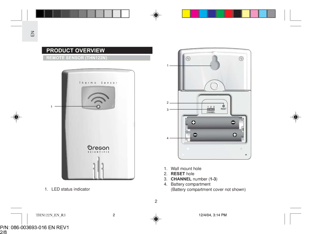 Oregon Scientific user manual Product Overview, EN REV1 2/8, Remote Sensor THN122N, Reset hole, Channel number 