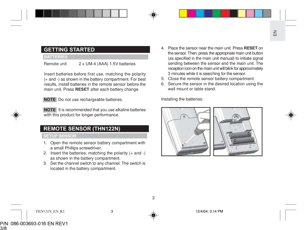 Oregon Scientific user manual Getting Started, Remote Sensor THN122N, EN REV1 3/8, Batteries, Setup Sensor 