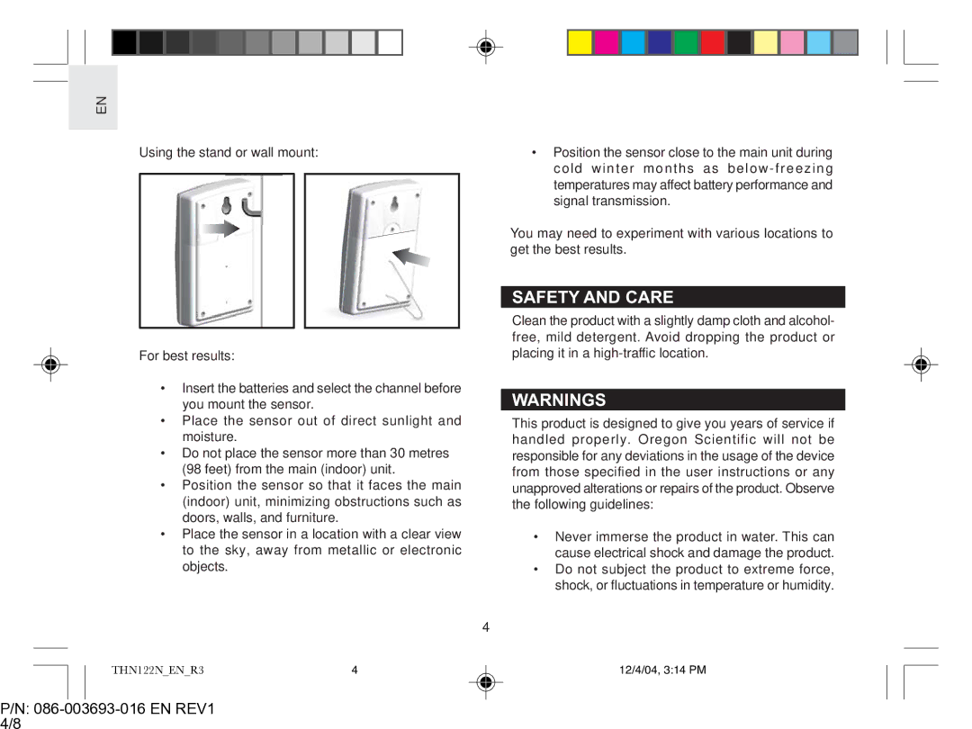 Oregon Scientific THN122N user manual Safety and Care, EN REV1 4/8 