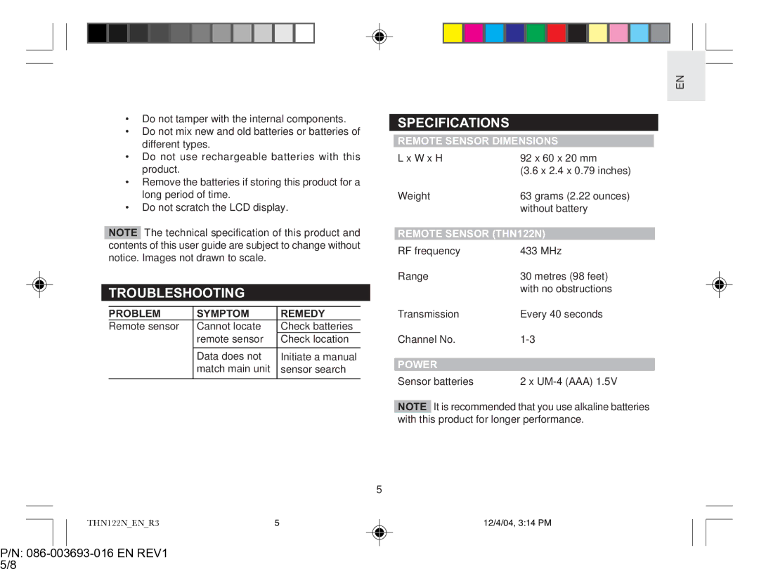 Oregon Scientific THN122N user manual Troubleshooting, Specifications, EN REV1 5/8, Remote Sensor Dimensions, Power 