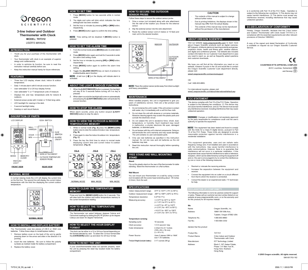 Oregon Scientific THT312 specifications Introduction, Features, Discription of Parts, Normal Mode, HOW to SET Time 