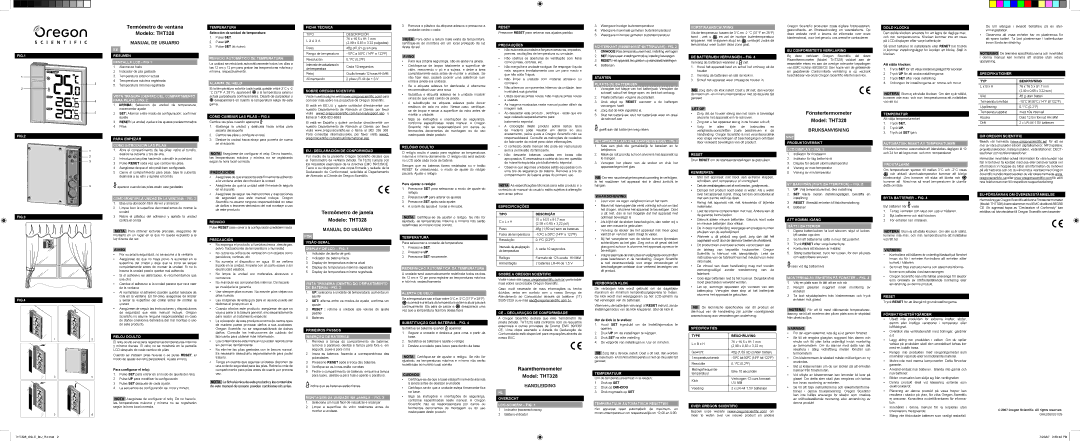 Oregon Scientific THT328 Resumen Pantalla LCD FIG, Reinicio Automático DE Temperatura, Alarma DE Hielo Ficha Técnica 