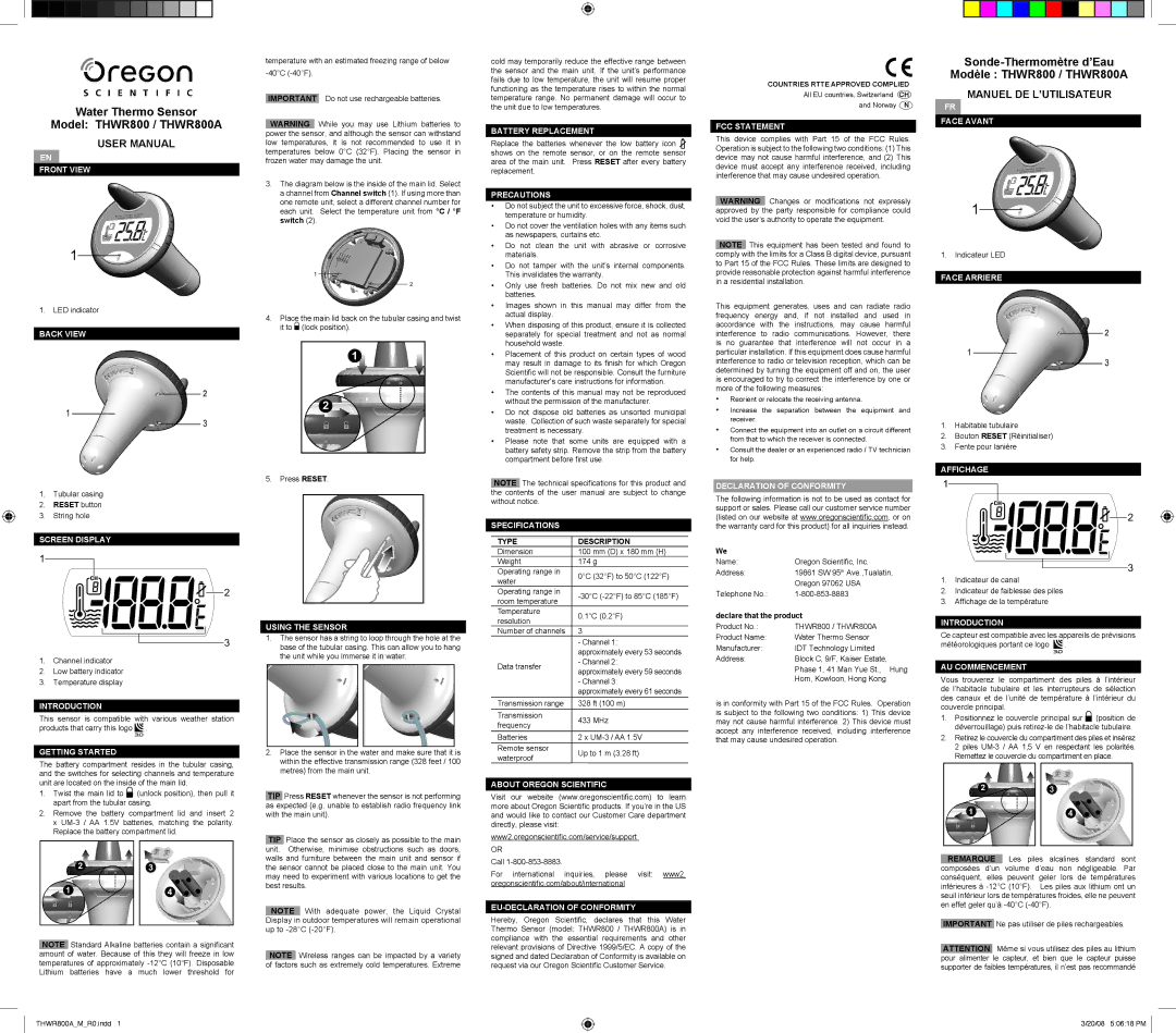 Oregon Scientific THWR800 user manual Front View, Back View, Screen Display, Introduction, Getting Started, Precautions 