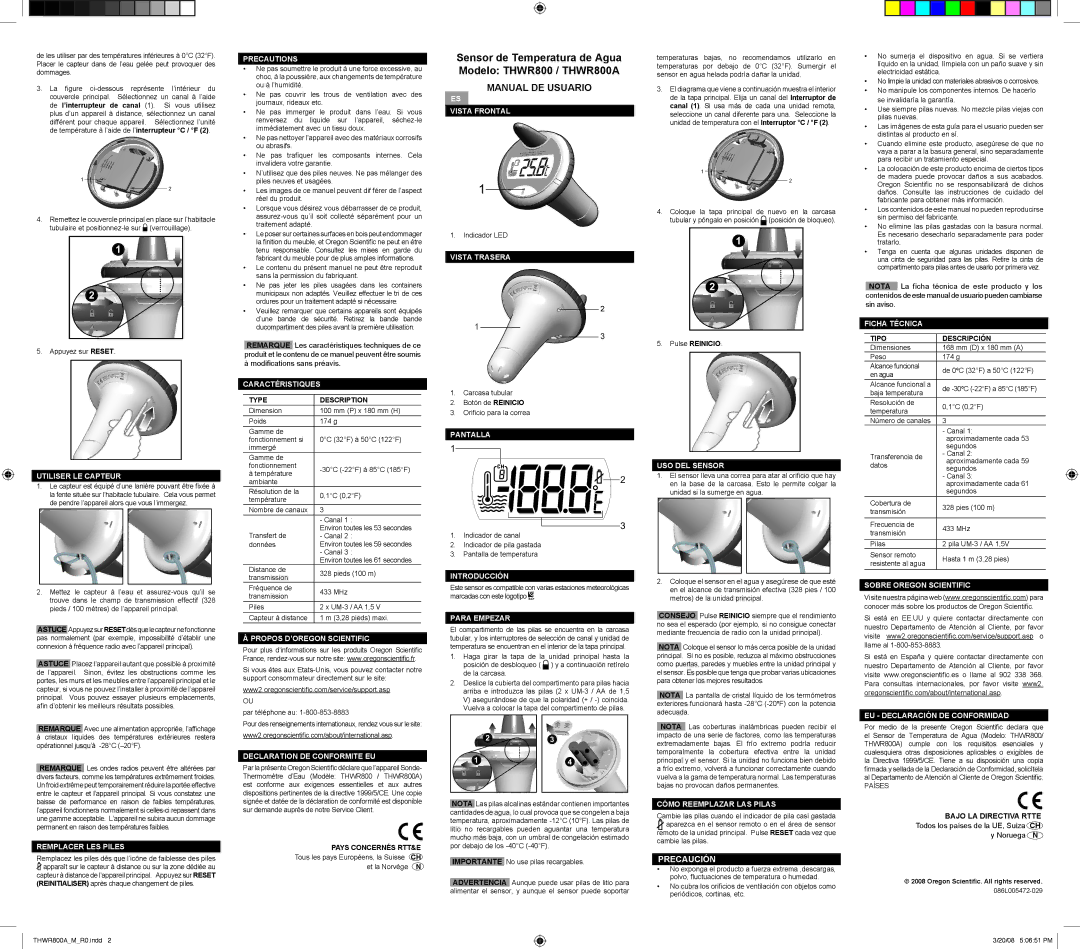 Oregon Scientific THWR800A Vista Frontal, Caractéristiques, Vista Trasera, Ficha Técnica, Utiliser LE Capteur, Pantalla 