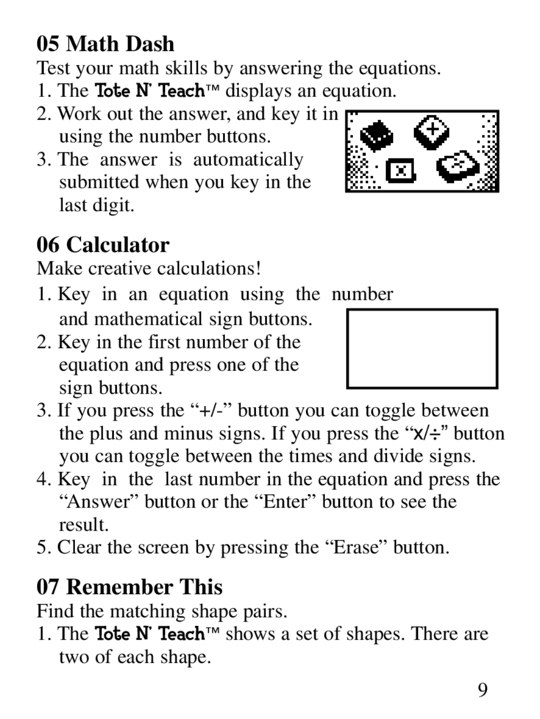 Oregon Scientific Tote N' Teach manual Math Dash, Calculator, Remember This 