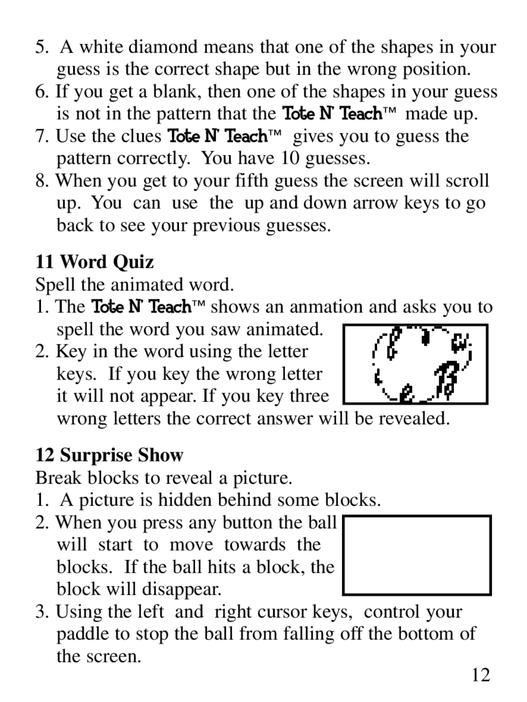 Oregon Scientific Tote N' Teach manual Word Quiz, Surprise Show 