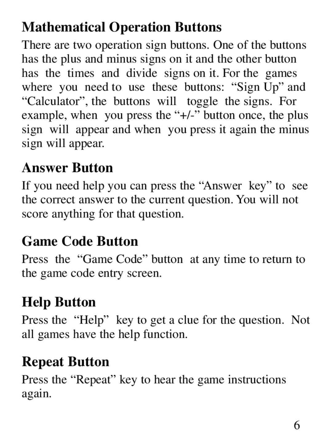 Oregon Scientific Tote N' Teach manual Mathematical Operation Buttons, Answer Button, Game Code Button, Help Button 